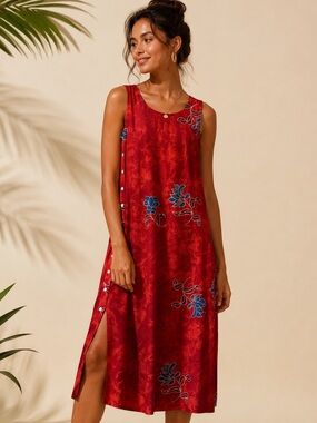 Hilo Hattie Red Blue Floral Maxi Dress Shift Mother Of Pearl Button Side Medium